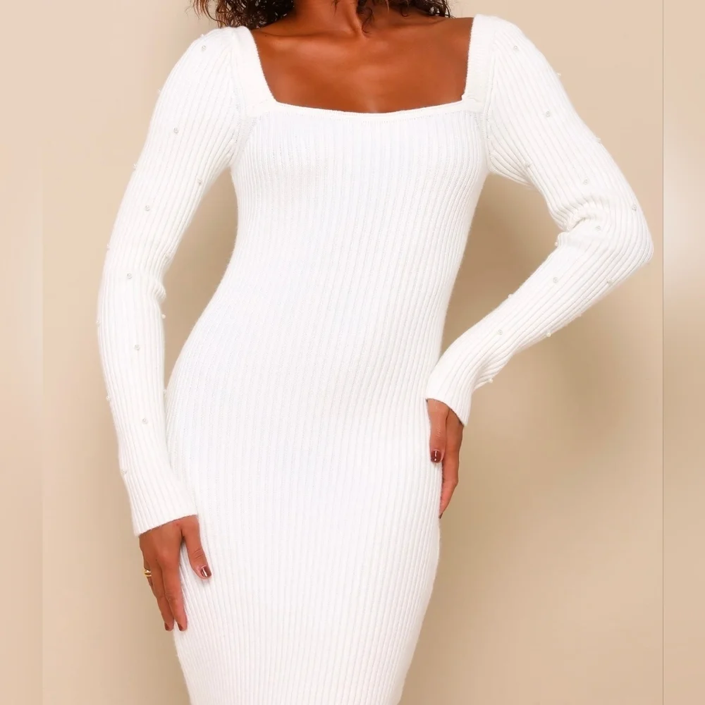 Lulus L Gleaming Babe White Ribbed Knit Pearl Midi Sweater Dress, Size Large